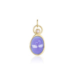 Swan Carving with 3.8mm Pearl Charm – two white swans with necks forming a heart, carved on violet agate and set in 14k yellow gold with a floating pearl, by Marrow Fine