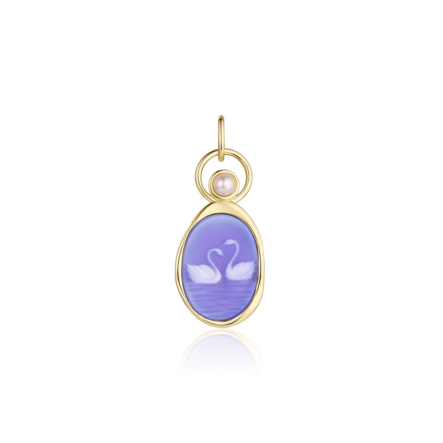 Swan Carving with 3.8mm Pearl Charm – two white swans with necks forming a heart, carved on violet agate and set in 14k yellow gold with a floating pearl, by Marrow Fine