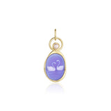 Swan Carving with 3.8mm Pearl Charm – two white swans with necks forming a heart, carved on violet agate and set in 14k yellow gold with a floating pearl, by Marrow Fine
