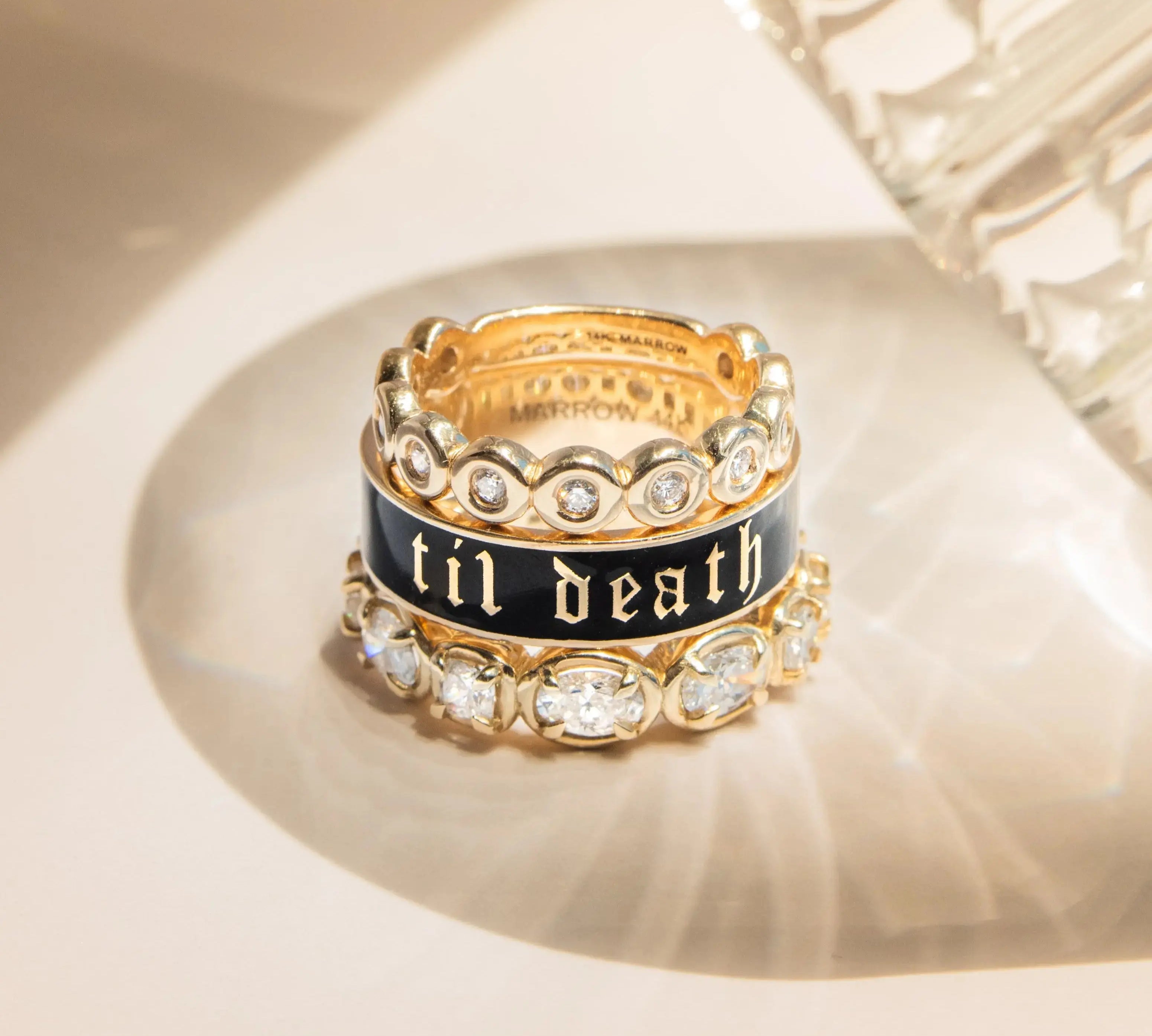 Flat lay stack of Til Death Black Enamel Band + White Diamond Billie Band + Lisse Eternity Band
