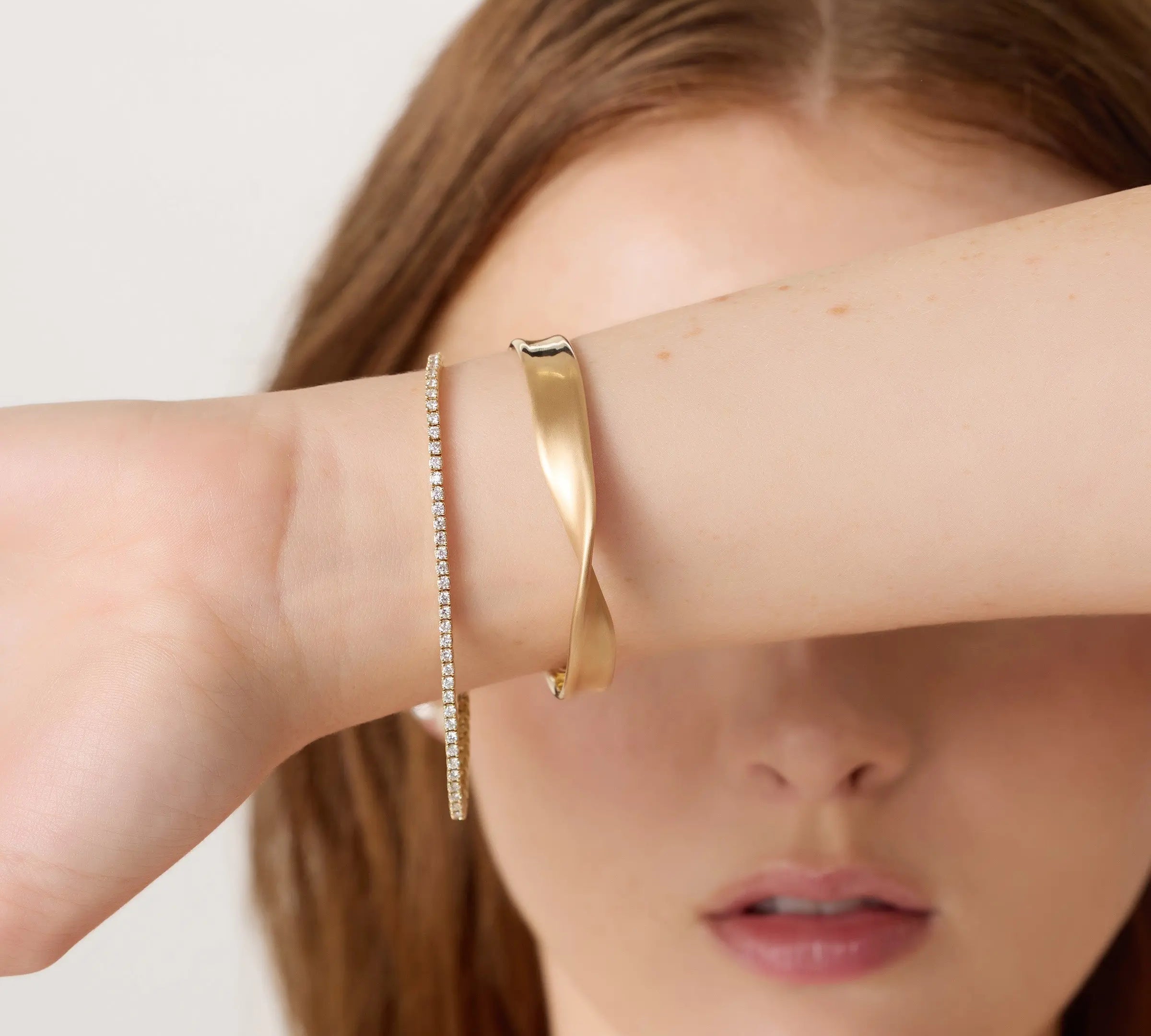 Close up of woman's wrist spotlighting the Maria Tennis Bracelet