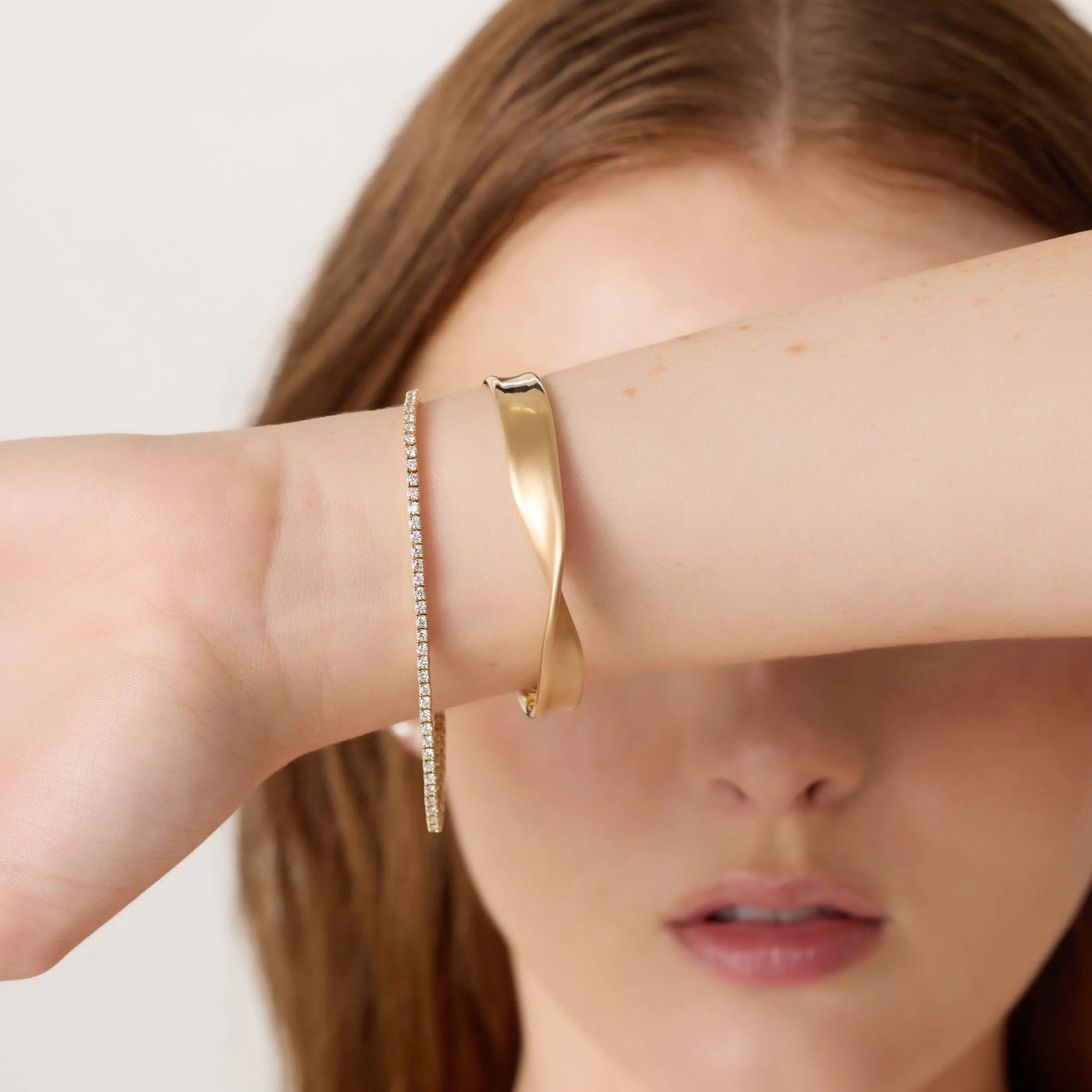 Close up of woman's wrist spotlighting the Maria Tennis Bracelet