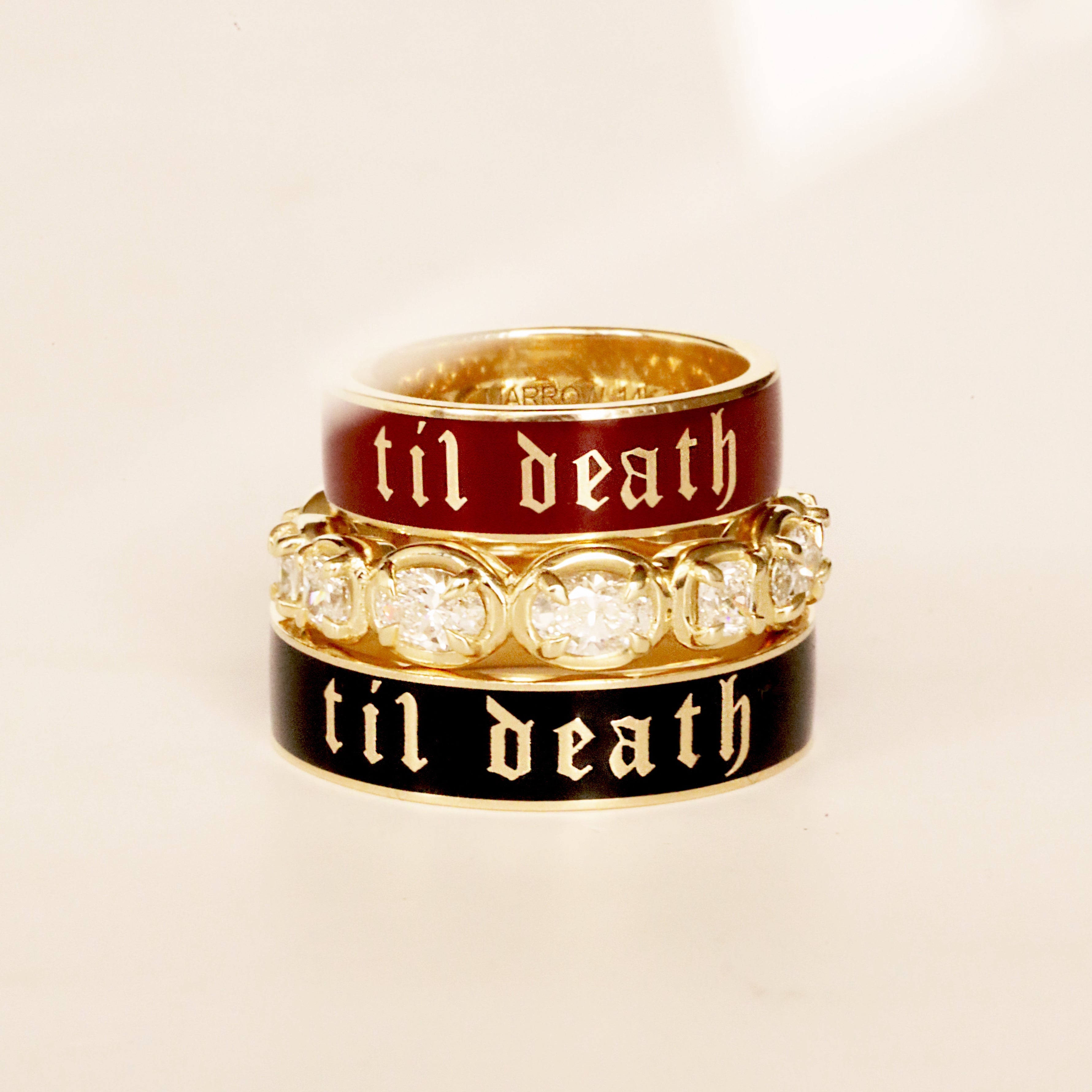 Flat lay of Til Death Cherry Mocha + Lisse Band + Til Death Black Enamel