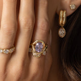 Close up of 3.35ct Violet Spinel Marrow x Sammi Florence Ring on woman's hands