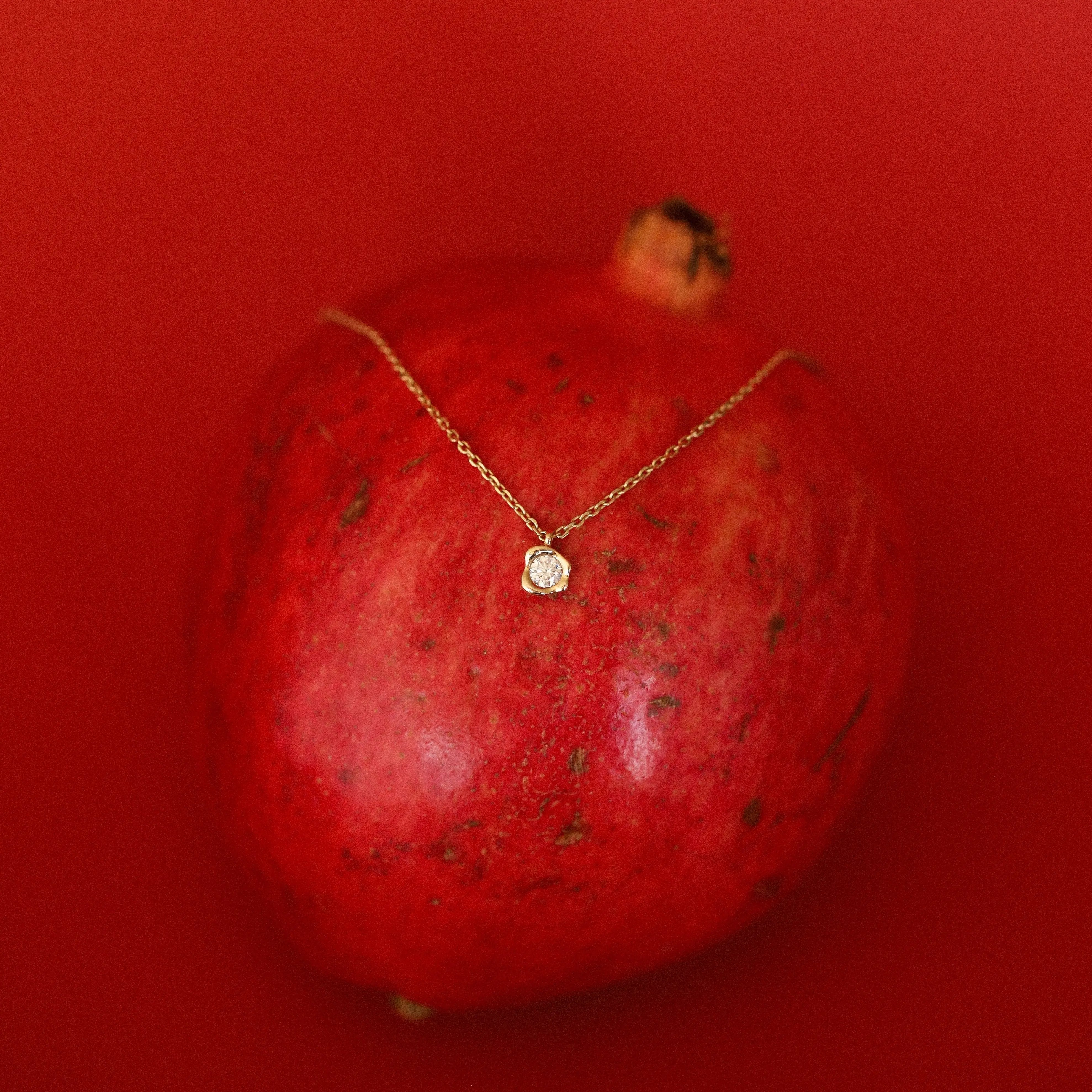 White Diamond Abstract Bezel Necklace on a pomegranate, with a red background