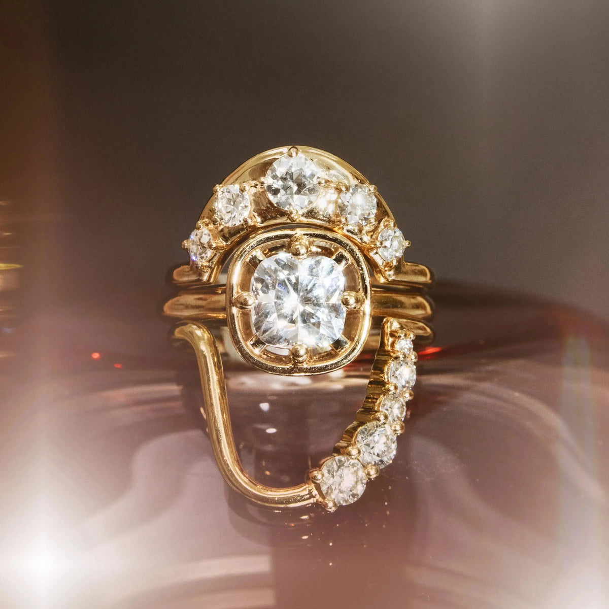 White Diamond Lucy Wave Band and Crescendo Band stacked with a diamond ring