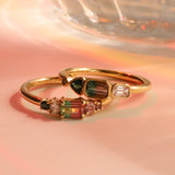 Flat lay of 0.37ct Watermelon Tourmaline, Sapphire, Tourmaline and Diamond Kaleidoscope Ring and 0.44ct Watermelon Tourmaline, Sapphire, Tourmaline and Diamond Kaleidoscope Ring