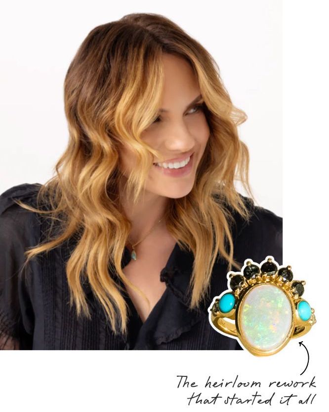A woman with wavy blonde-highlighted hair is shown wearing a black top, with a close-up inset of a gold ring featuring a large iridescent opal center and turquoise accents. Text at the bottom reads, 'The heirloom rework that started it all!'.
