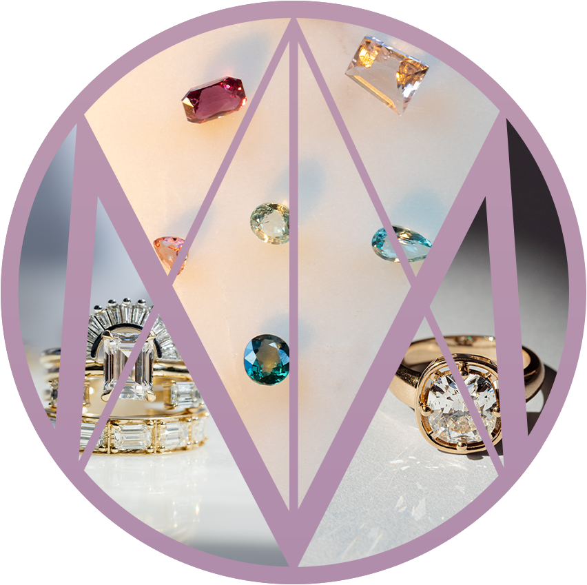 graphic of Marrow Fine logo with rings and gemstones