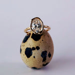A gold ring with an oval diamond displayed on top of a speckled brown and beige egg-shaped object against a light gray background.