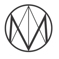A minimalist black geometric logo featuring a circular border with intersecting lines and angular shapes, centered on a plain white background.