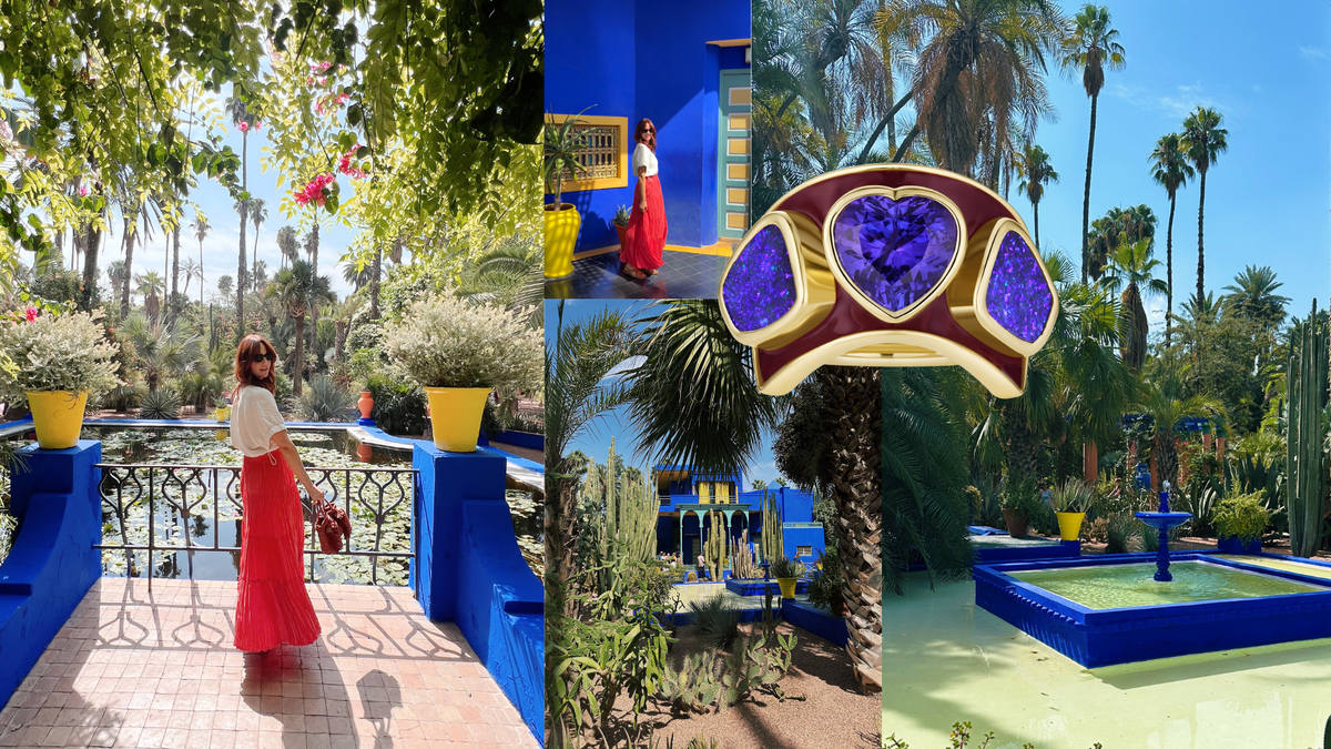 Blue-toned Marrakech collage of cobalt garden walls and palms, centered on the tanzanite heart and boulder opal ring with berry enamel