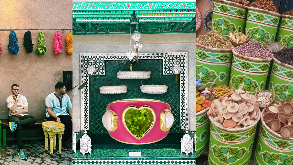 Green-toned Marrakech collage: the peridot heart ring on hot pink enamel with skeins of dyed yarn, green tilework and painted spice tins