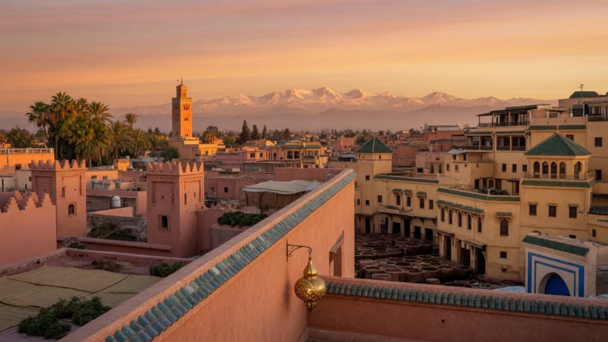 Marrakech rooftops and a minaret at sunset, seen from a terrace