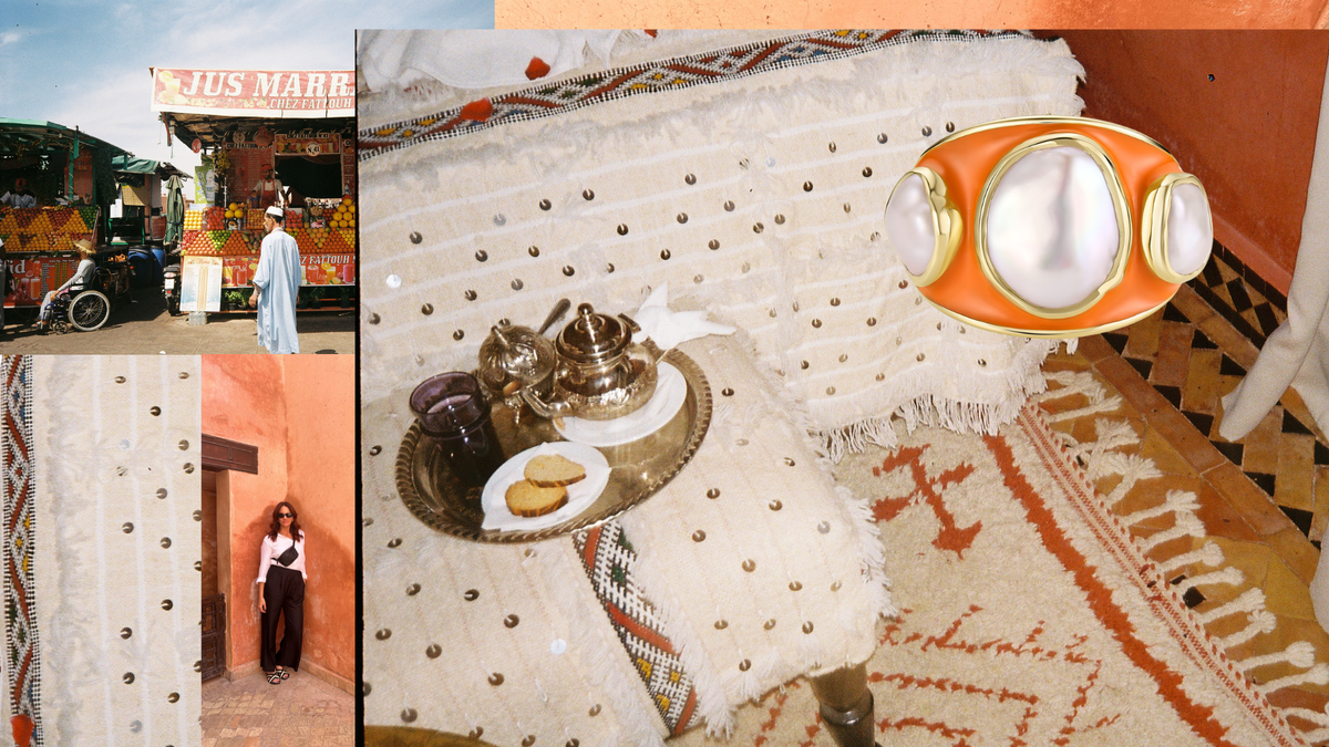 Orange-toned Marrakech collage: the Baroque Keshi Pearl and Burnt Orange Enamel Ring above a Moroccan tea tray on a white pouf, with a market stall and a terracotta wall