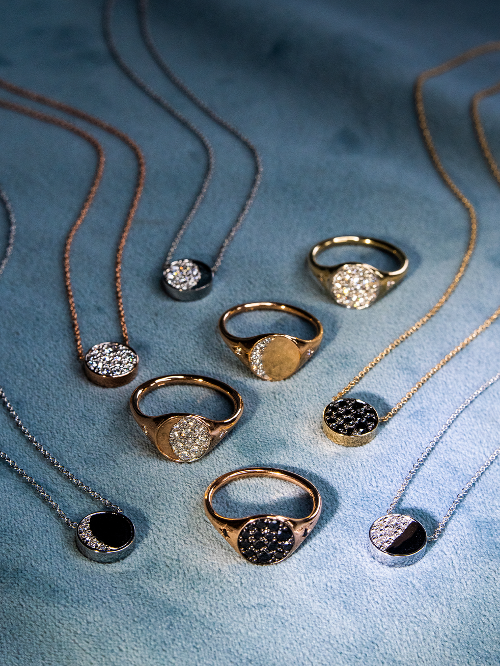 close up of rings and necklaces from the Lunar Collection