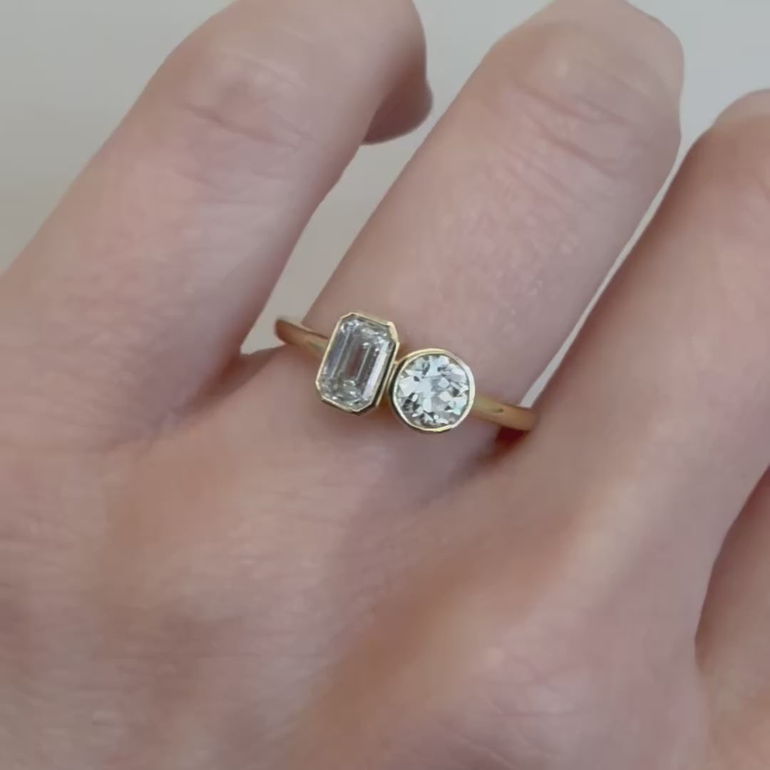 0.46ct Emerald Cut & 0.42ct Old Euro Diamond Toi et Moi Ring