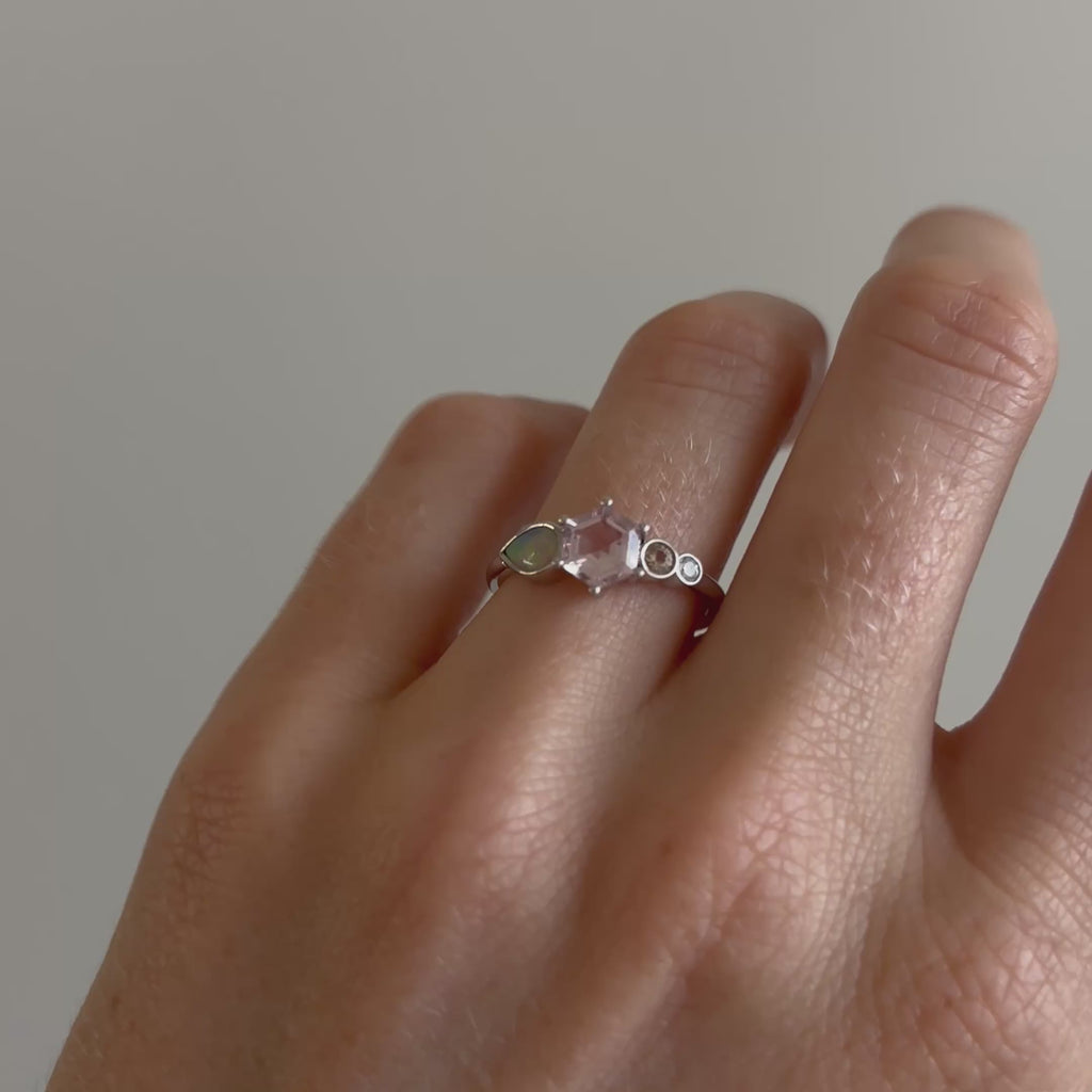 0.74ct Morganite Hexagon and Opal Linear Ring