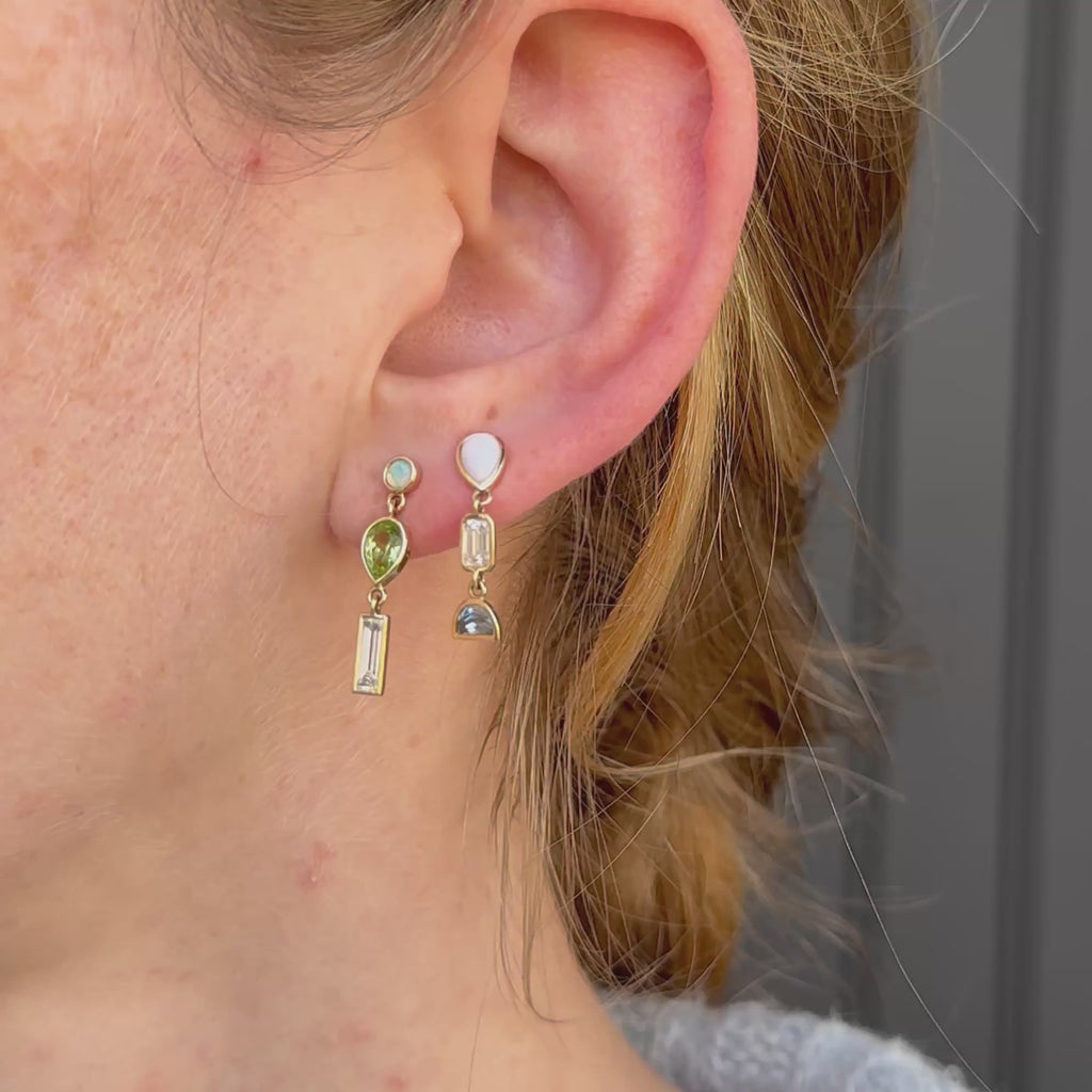 0.35tcw Diamond, 0.94tcw Peridot and Opal Earrings, 0.53tcw Opal Bezel Set Dangle Earrings [on ear]
