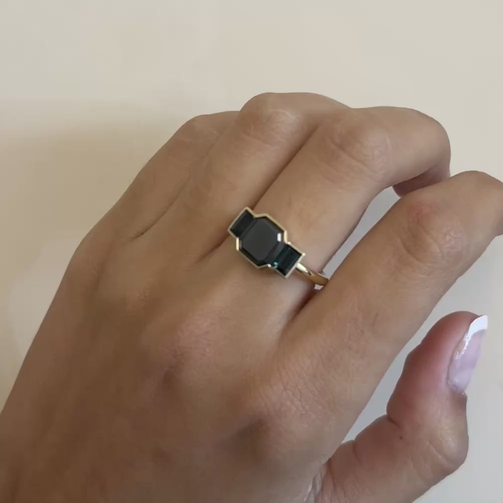 2.07ct Black Diamond Asscher & Tourmaline Baguette Ring [on hand]