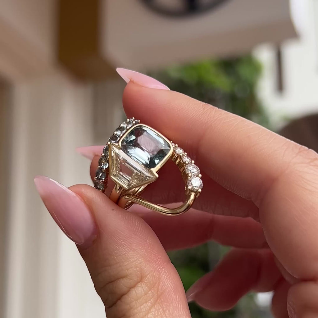 3.08ct Sapphire & 1.55ct Diamond Trapezoid Ring with 0.57tcw Sapphire Tracer Band 