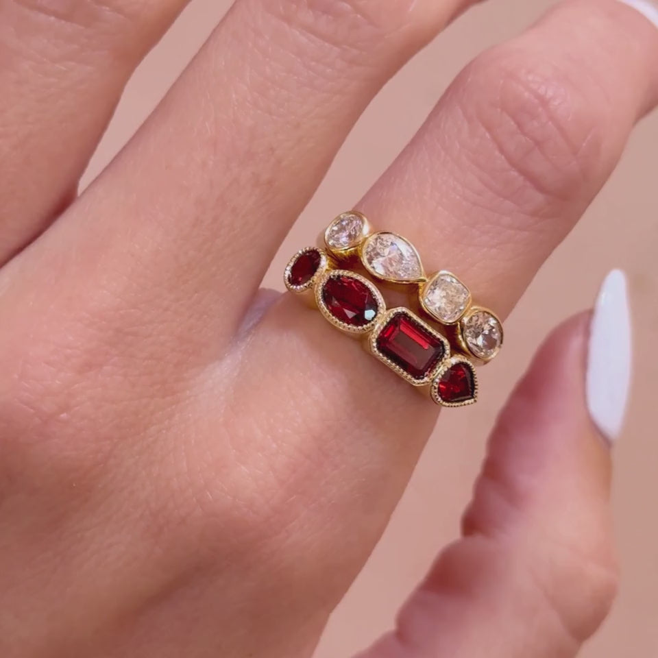 Video of a red gemstone Mixed Shape Bezel Band stacked with the White Diamond Mixed Shape Bezel Band on hand