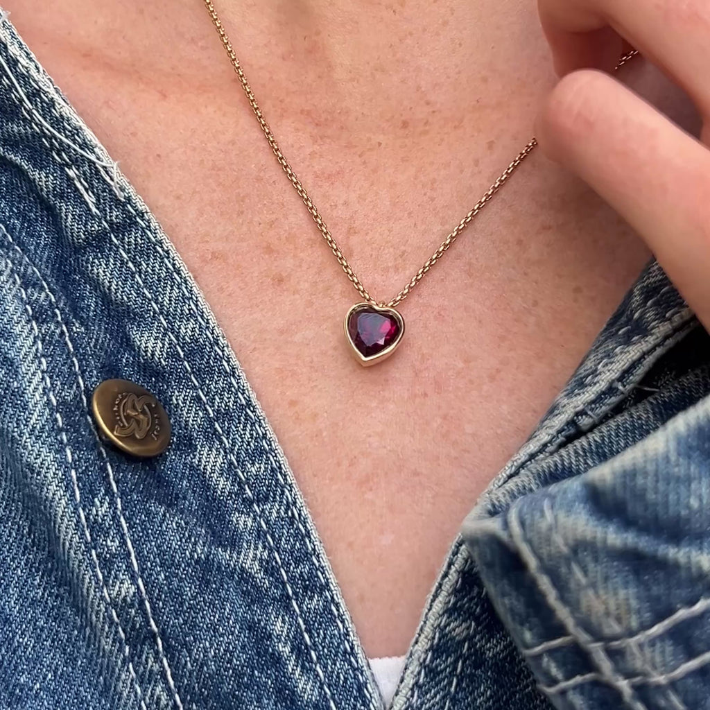 Rhodolite Heart Charm Necklace on Dainty Box Chain