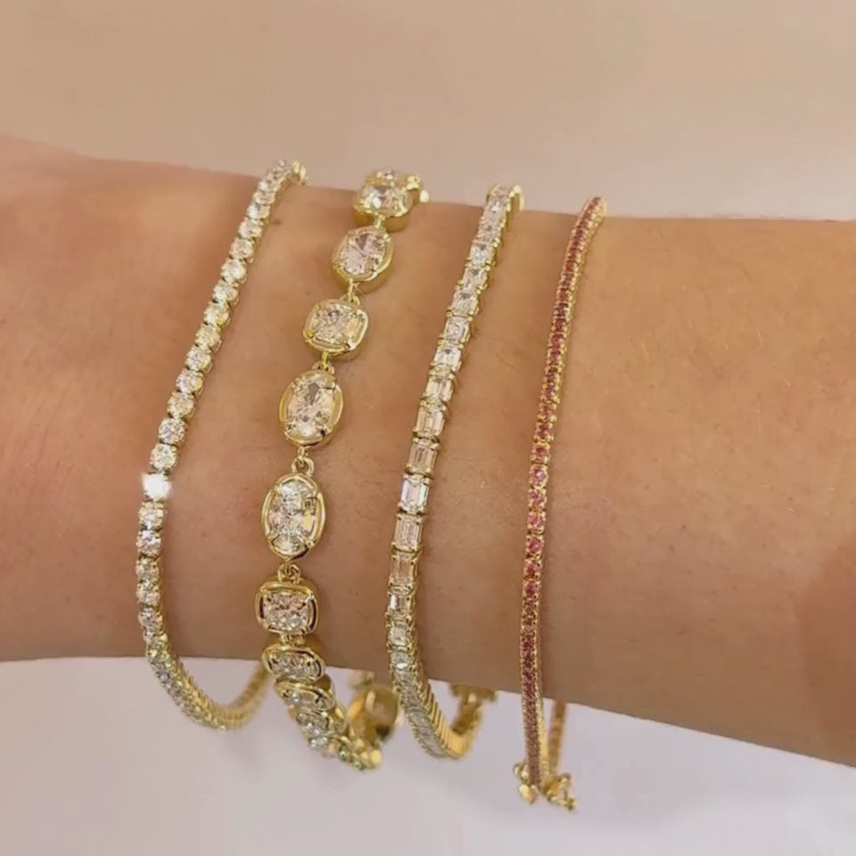 Video of the Lisse Tennis Bracelet and Maria Tennis Bracelet stacked with diamond tennis bracelets on the wrist