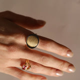 Hand wearing a gold ring with a red gemstone on a neutral background