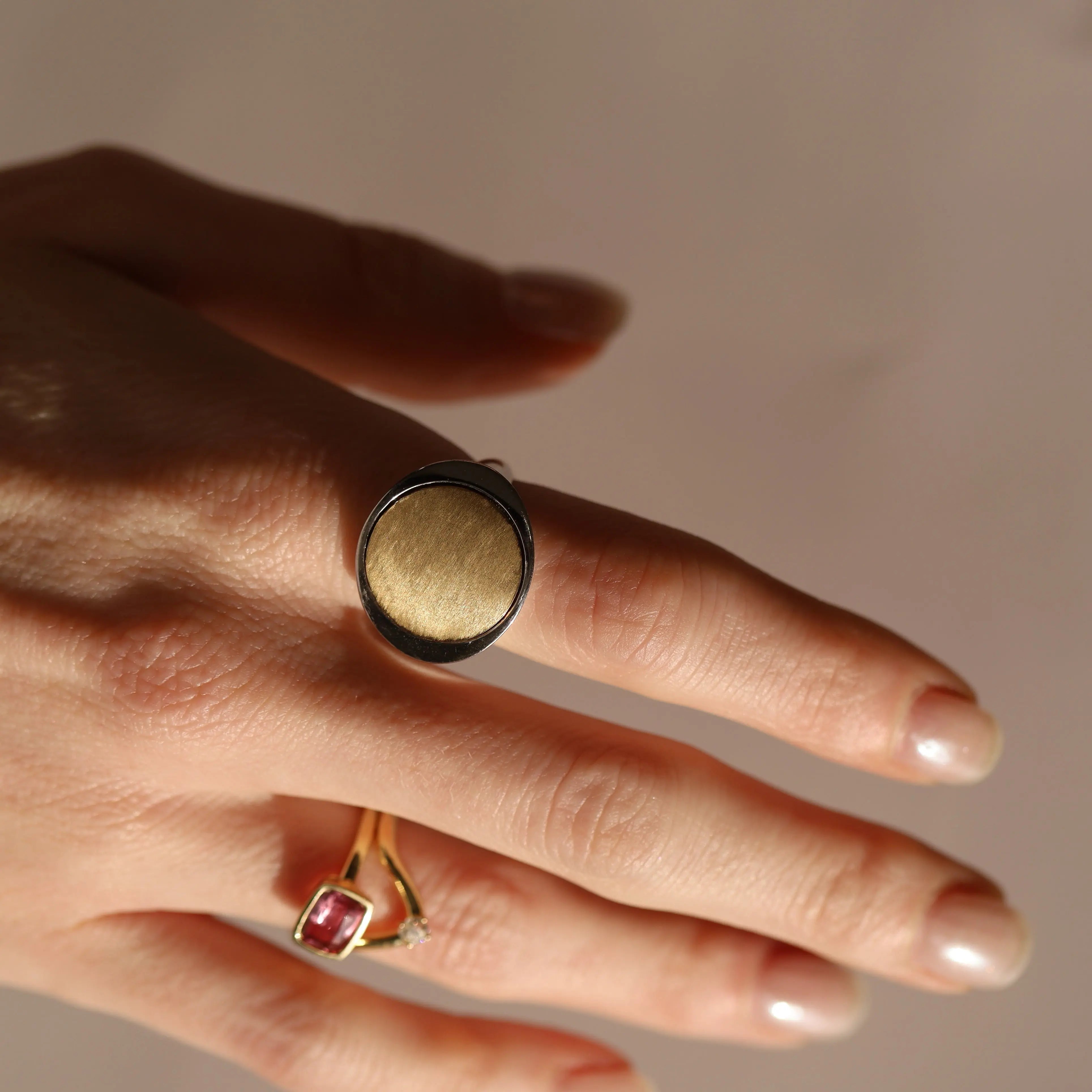 Hand wearing a gold ring with a red gemstone on a neutral background