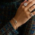 A close-up of a hand wearing multiple rings and a double-strand chain bracelet, styled with a textured blue and brown plaid garment.