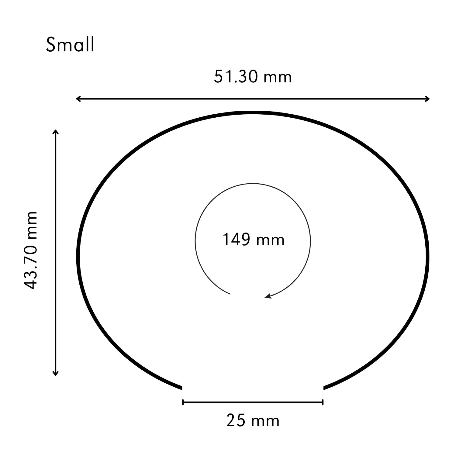 Small cuff sizing guide showing a 51.30 mm wide, 43.70 mm tall cuff with a 25 mm opening and 149 mm inner circumference.
