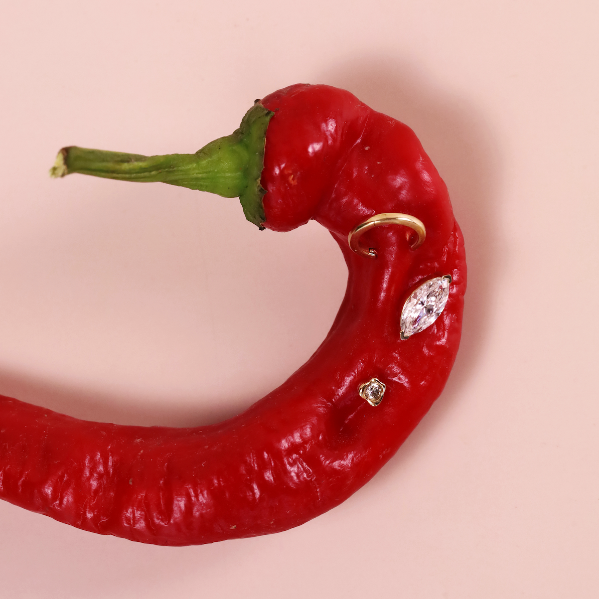 Red chili pepper with gold and diamond jewelry on a pink background