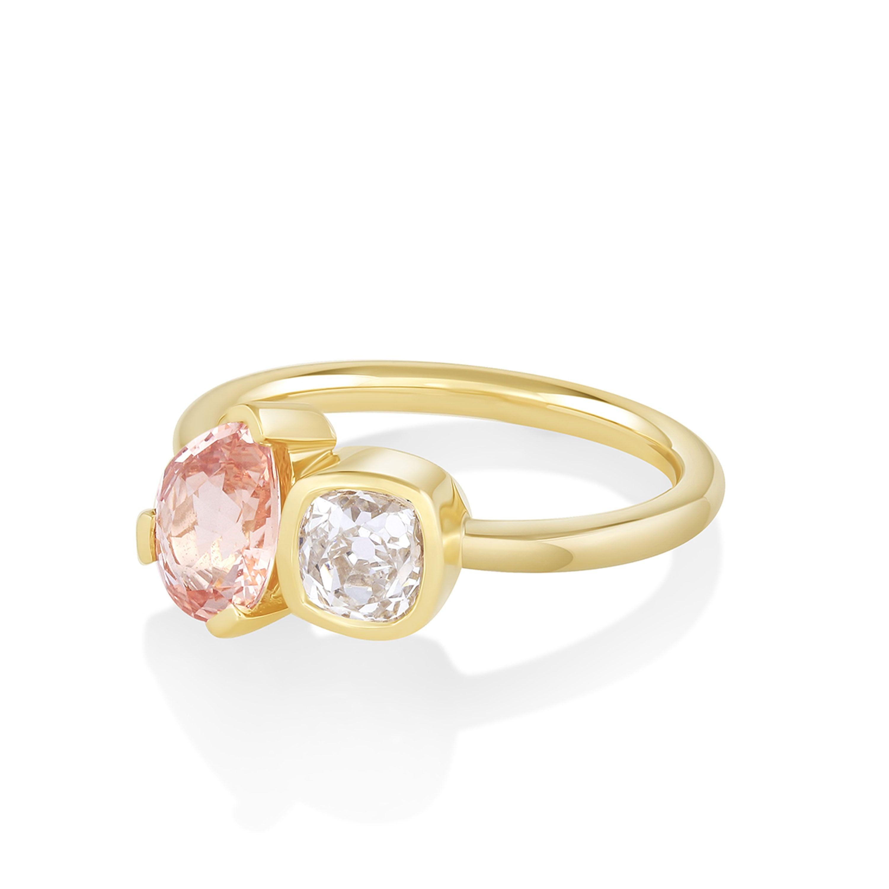 Marrow Fine Jewelry Peach Sapphire And Old Mine Cut Toi et Moi Ring