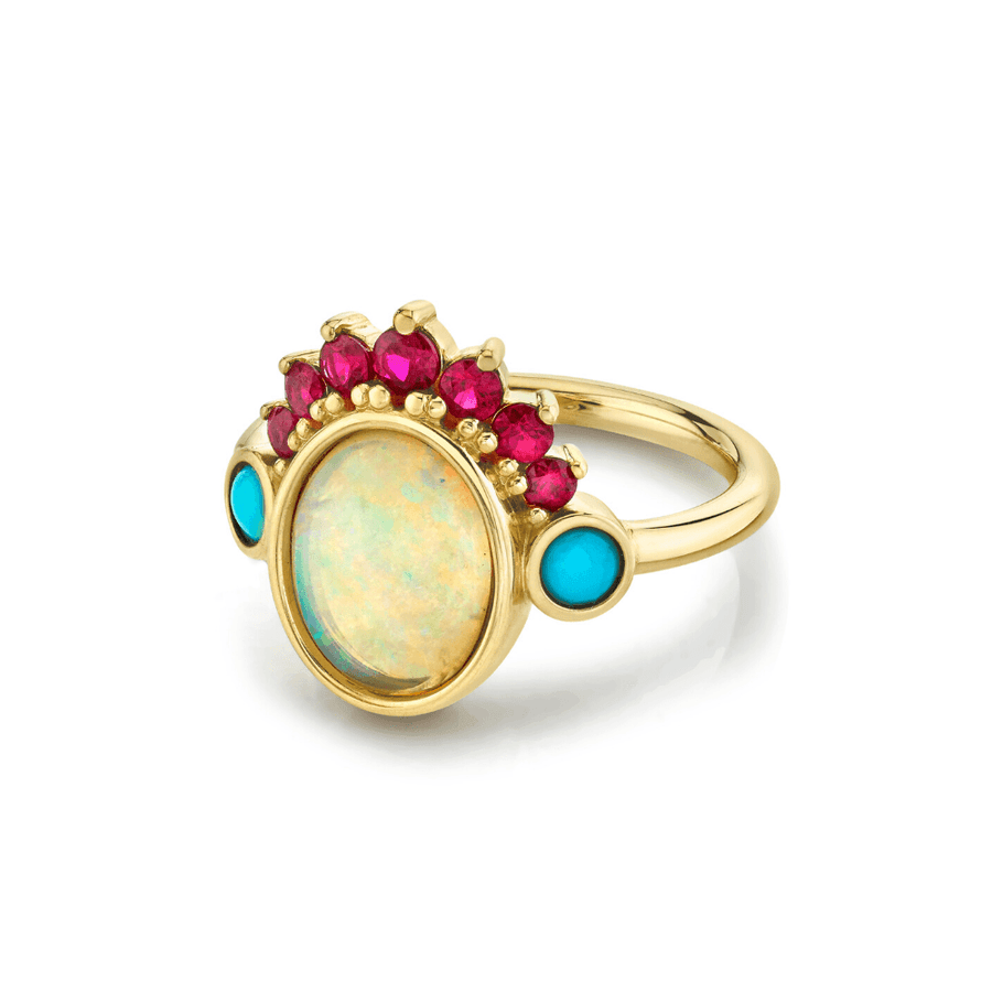 Marrow Fine Jewelry Opal Ring With Ruby Headdress With Turquoise Side Stones [Yellow Gold]