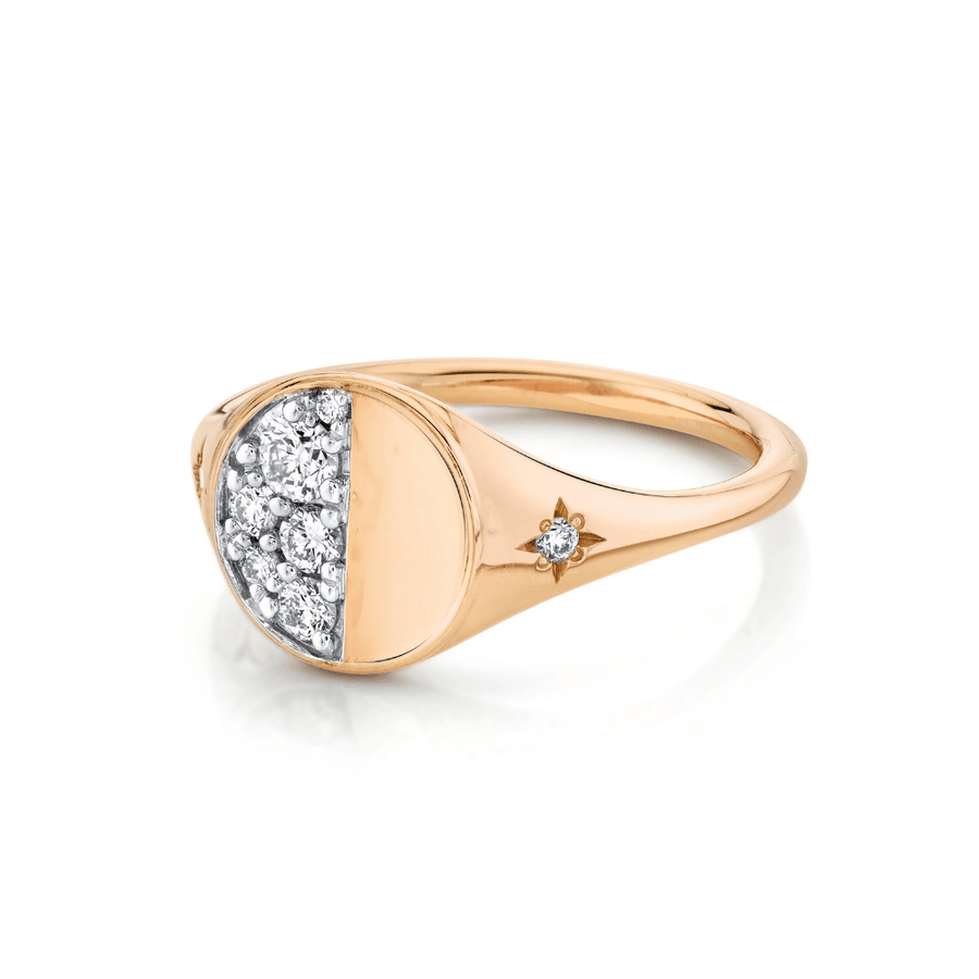 Marrow Fine Jewelry Quarter Moon Phase White Diamond Signet Ring With Stars [Rose Gold]
