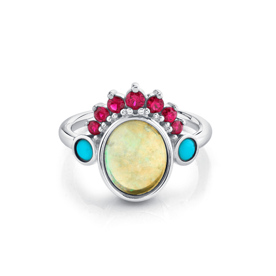 Marrow Fine Jewelry Opal Ring With Ruby Headdress With Turquoise Side Stones [White Gold]
