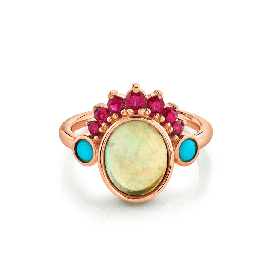 Marrow Fine Jewelry Opal Ring With Ruby Headdress With Turquoise Side Stones [Rose Gold]