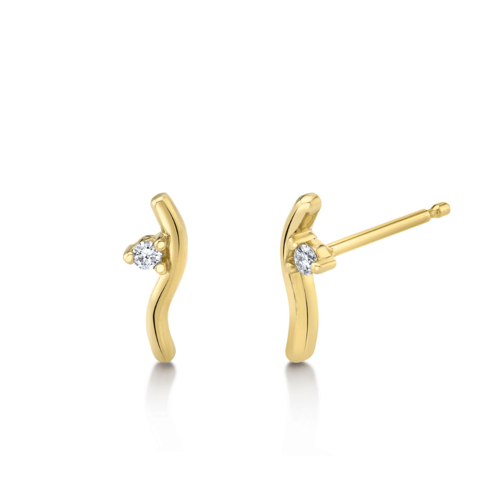 Marrow Fine Jewelry Small Solid Gold Squggle Stud Earrings With White Diamond Accent