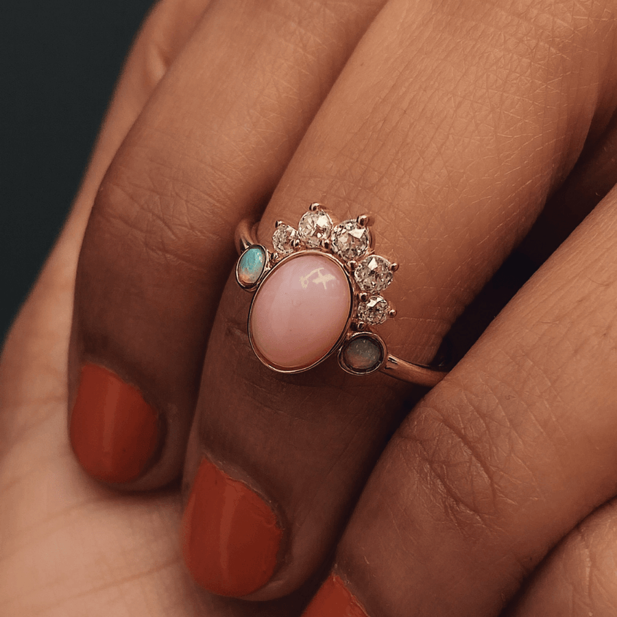 Marrow Fine Jewelry Mini Pink Opal Ring With Turquoise & White Diamond Headdress [Yellow Gold]