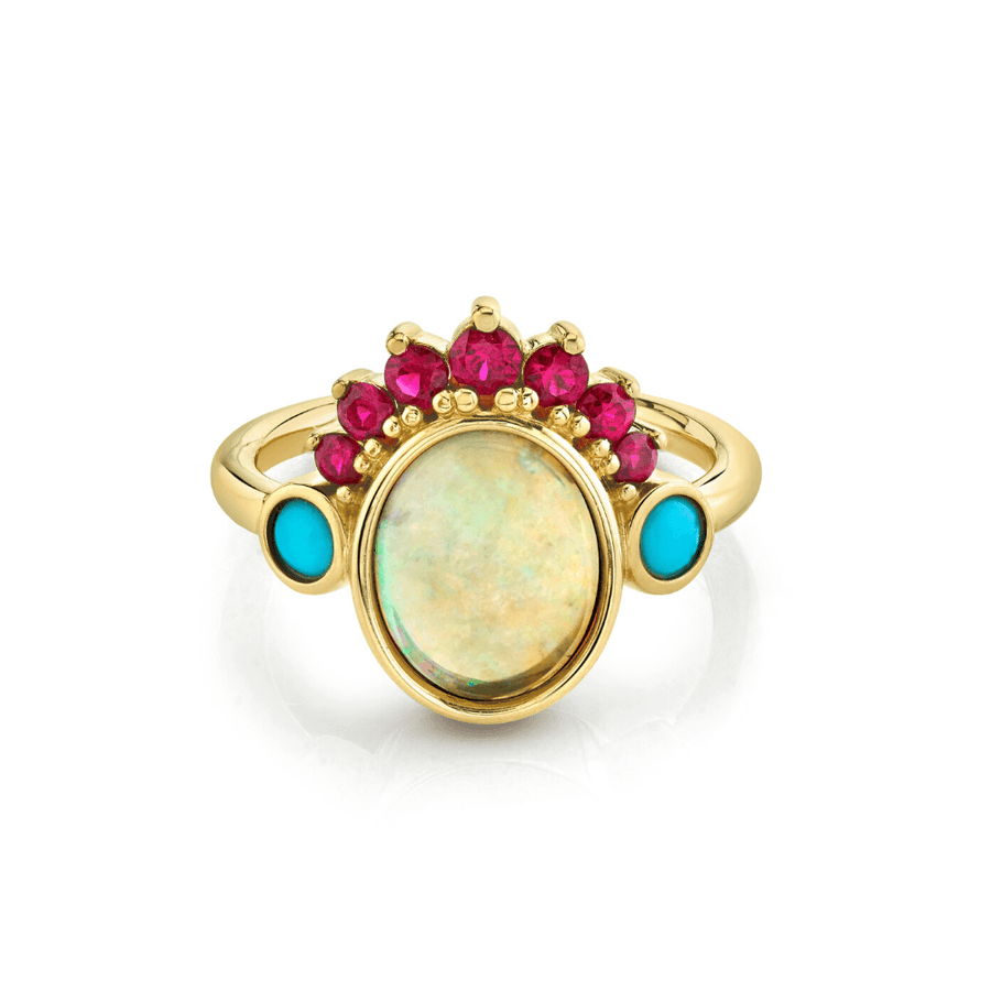 Marrow Fine Jewelry Opal Ring With Ruby Headdress With Turquoise Side Stones [Yellow Gold]