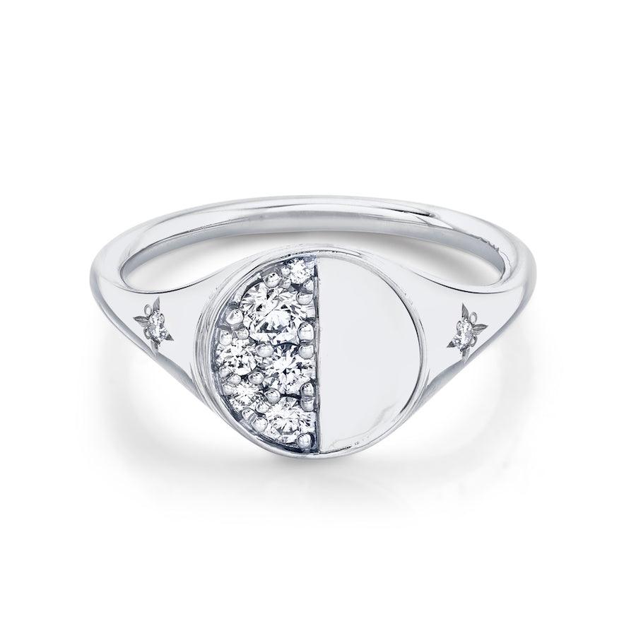 Marrow Fine Jewelry Quarter Moon Phase White Diamond Signet Ring With Stars [White Gold]