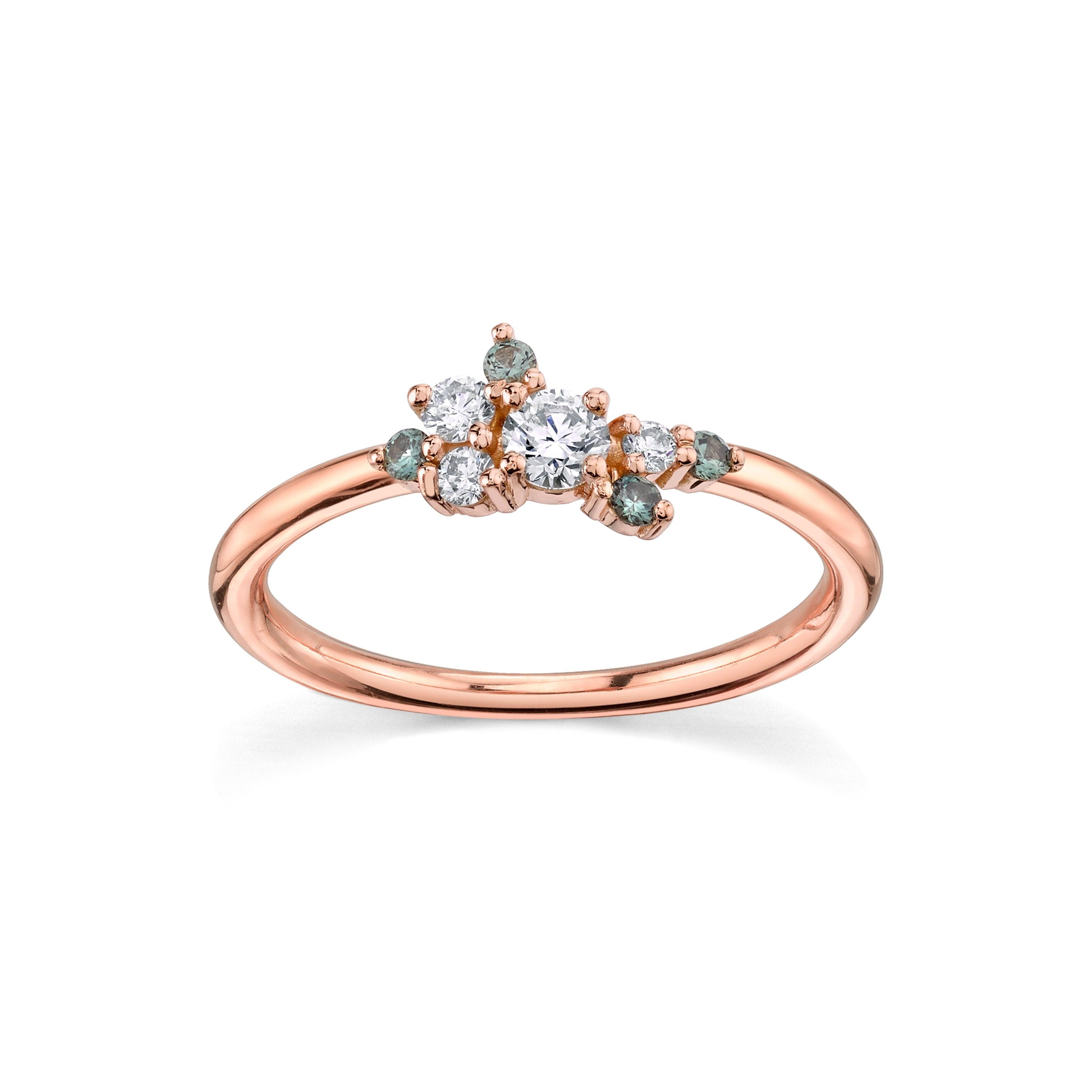 Marrow Fine Jewelry White Diamond & Green Sapphire Mini Cluster Vintage Inspired Stacking Ring