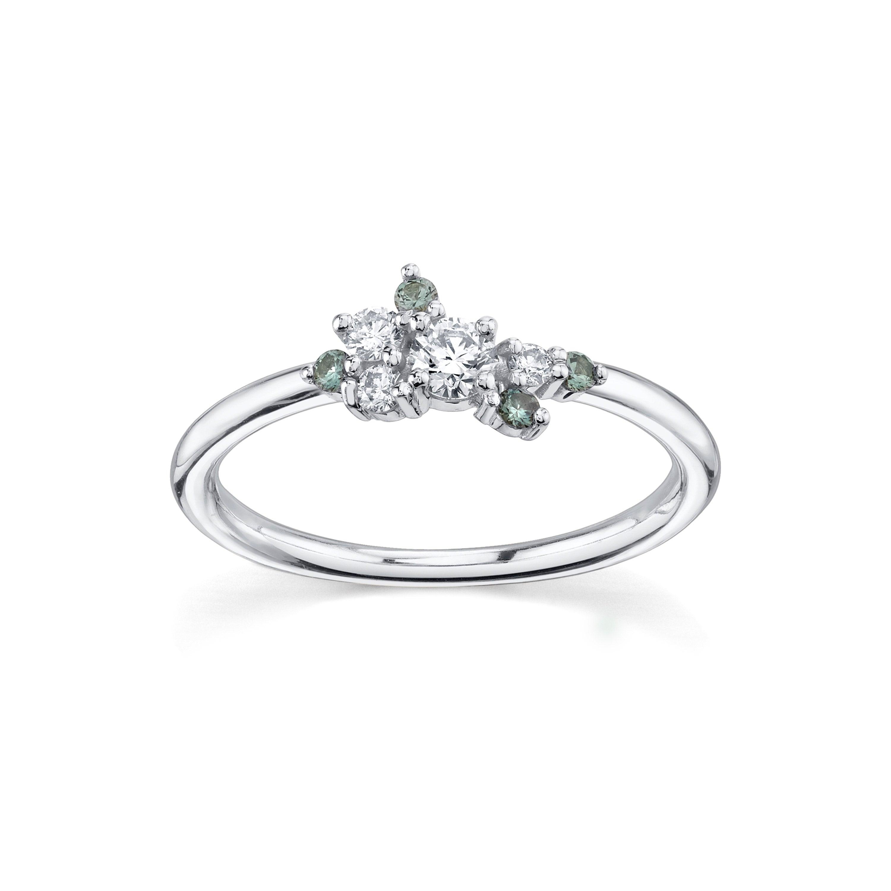 Marrow Fine Jewelry White Diamond & Green Sapphire Mini Cluster Vintage Inspired Stacking Ring