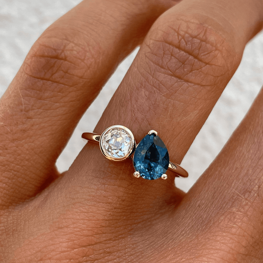Marrow Fine Jewelry Sapphire Pear And Old Mine Cut Diamond Toi et Moi Ring [Yellow Gold]