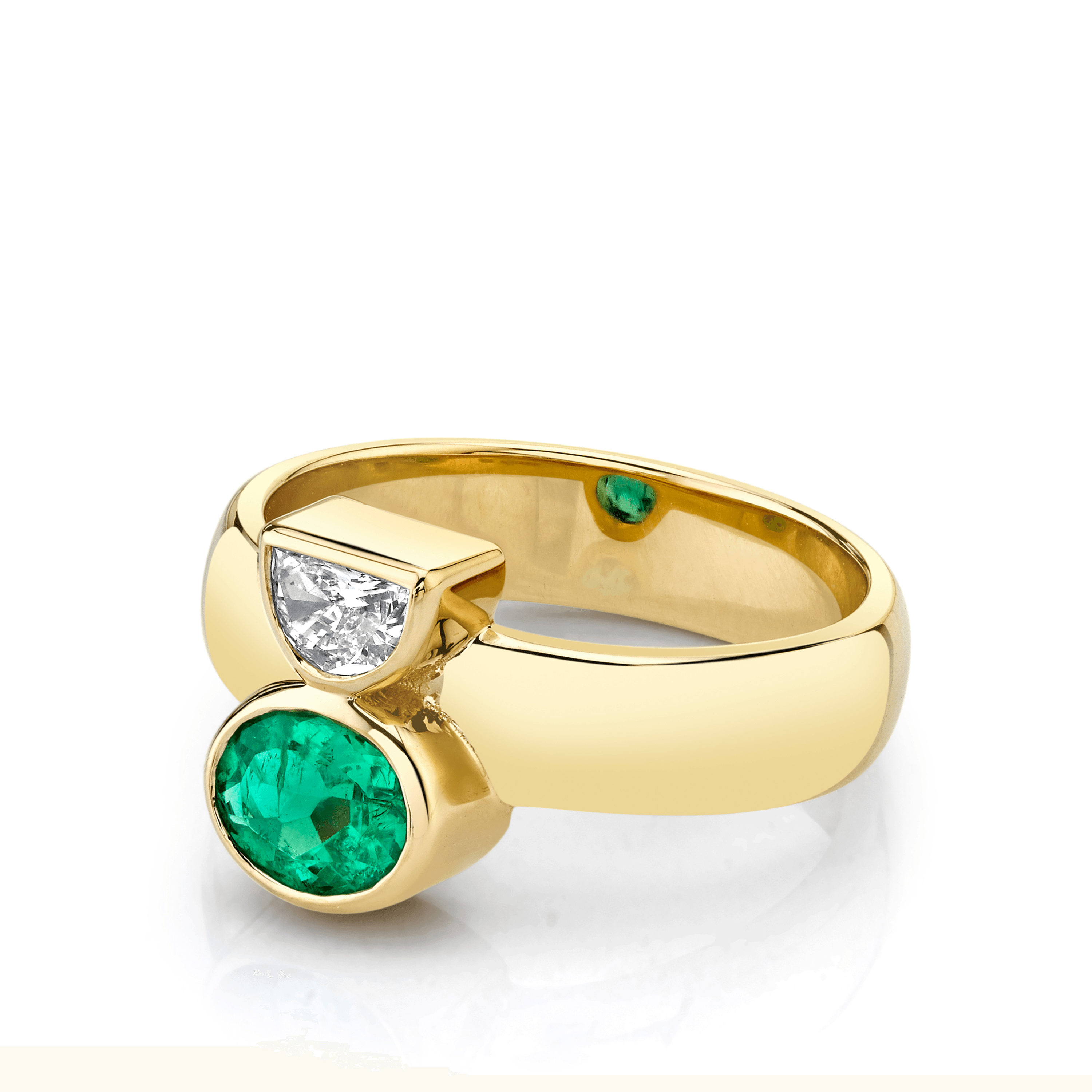 Marrow Fine Jewelry Emerald White Diamond Bezel Set Half Moon Relic Ring
