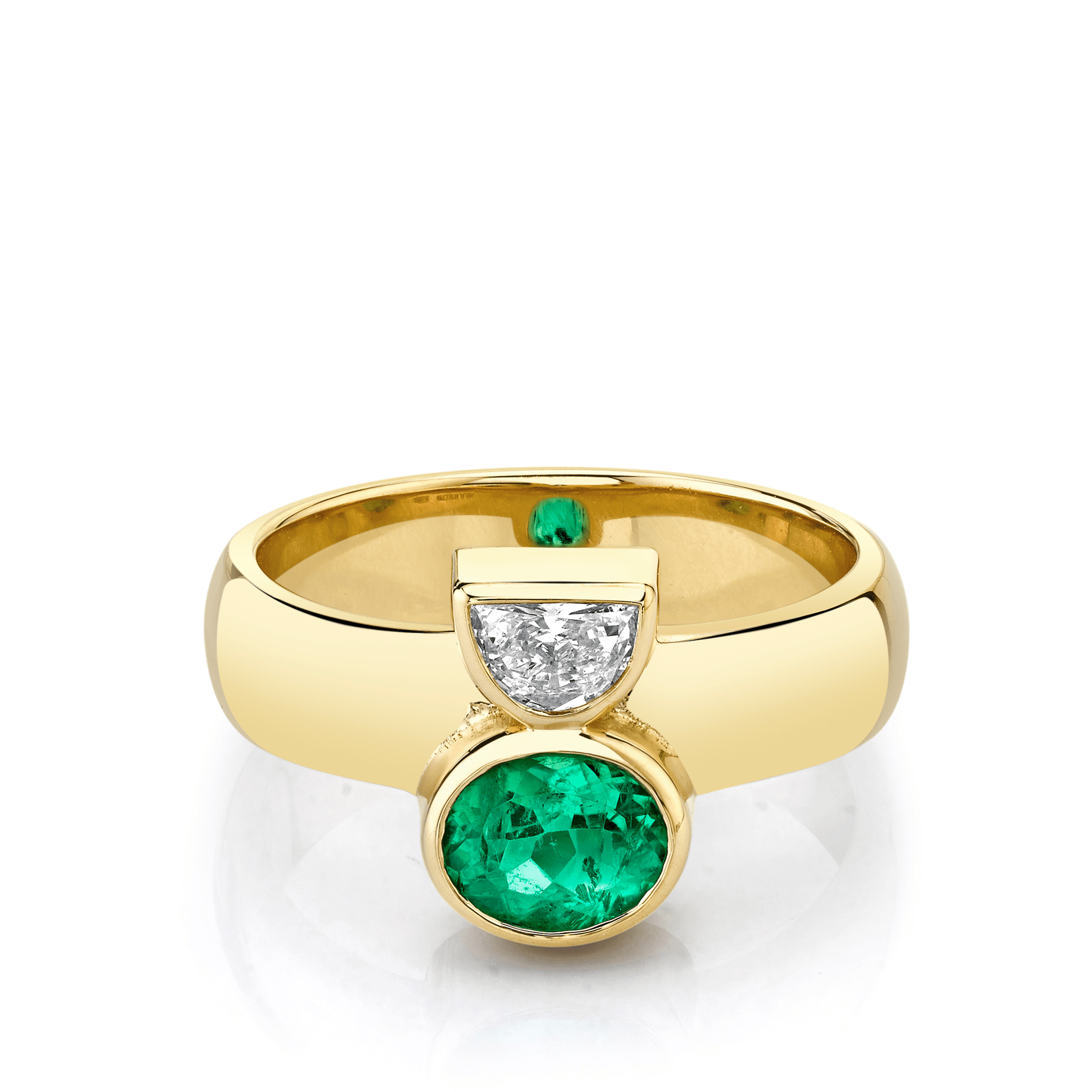 Marrow Fine Jewelry Emerald White Diamond Bezel Set Half Moon Relic Ring