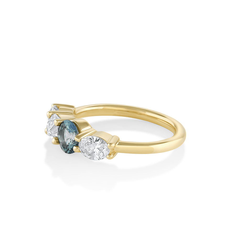 Marrow Fine Jewelry French Cut White Diamond Teal Sapphire Linear Ring [Yellow Gold]