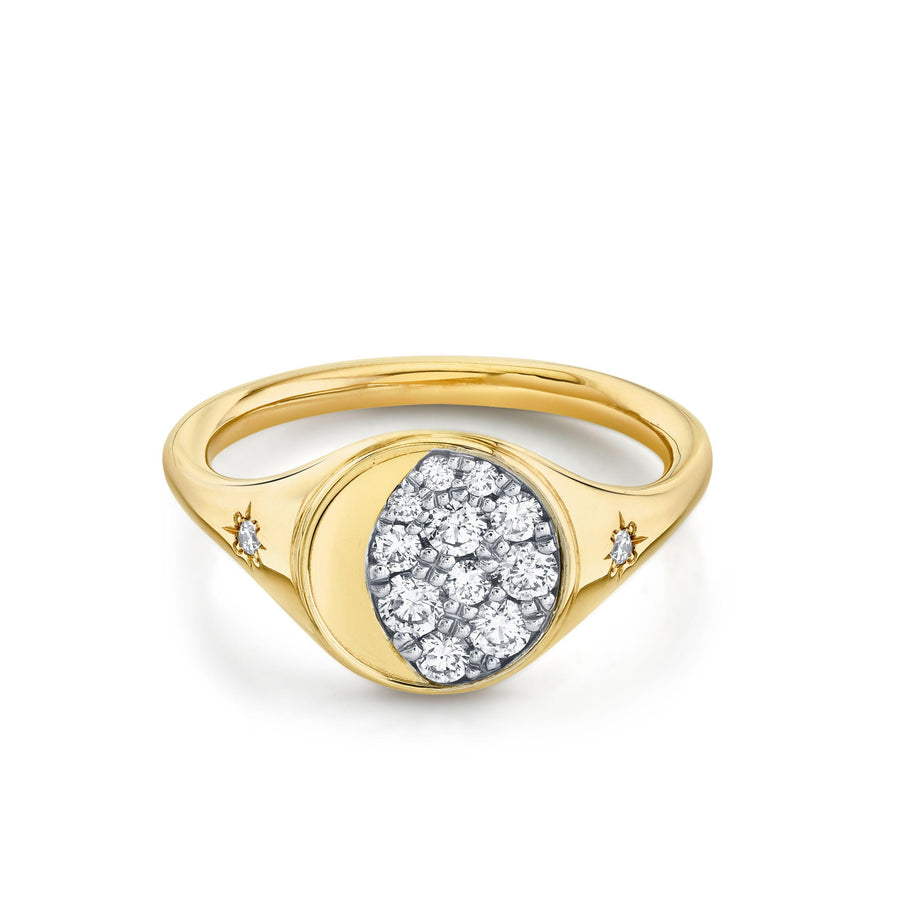 Marrow Fine Jewelry White Diamond Gibbous Moon Phase Signet Ring With Stars [Yellow Gold]