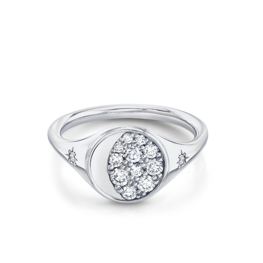 Marrow Fine Jewelry White Diamond Gibbous Moon Phase Signet Ring With Stars [White Gold]